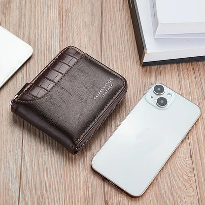 Leather Men's Wallet – Luxury Zipper Purse with Card Holders and Coin Pocket, RFID Protection, Perfect Gift for Men