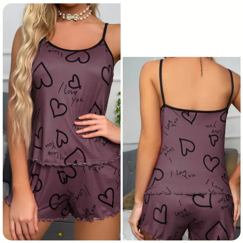 Women’s Heart Print Silk Pajama Set - Sexy Pleated Vest Top & Shorts Soft Cute Home Wear
