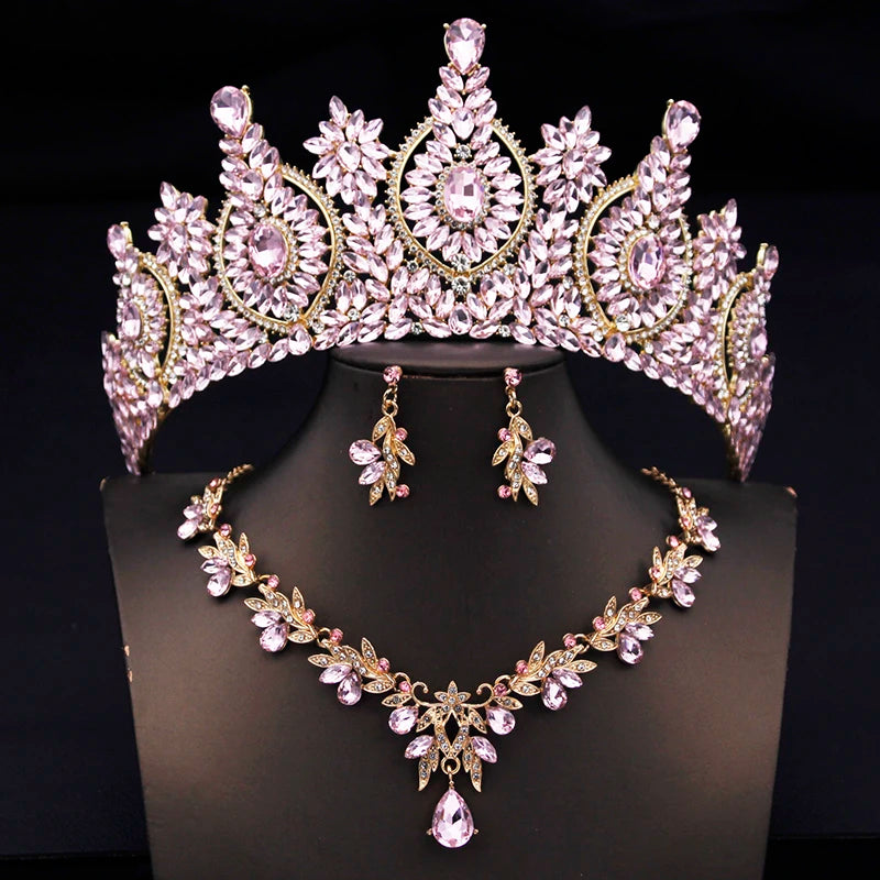 Rhinestone Bridal Tiara Jewelry Set - Wedding Crown with Necklace and Earrings for Women