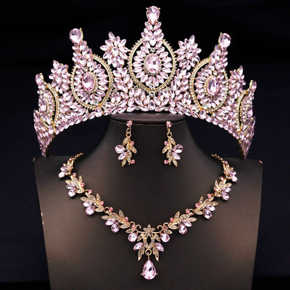 Rhinestone Bridal Tiara Jewelry Set - Wedding Crown with Necklace and Earrings for Women