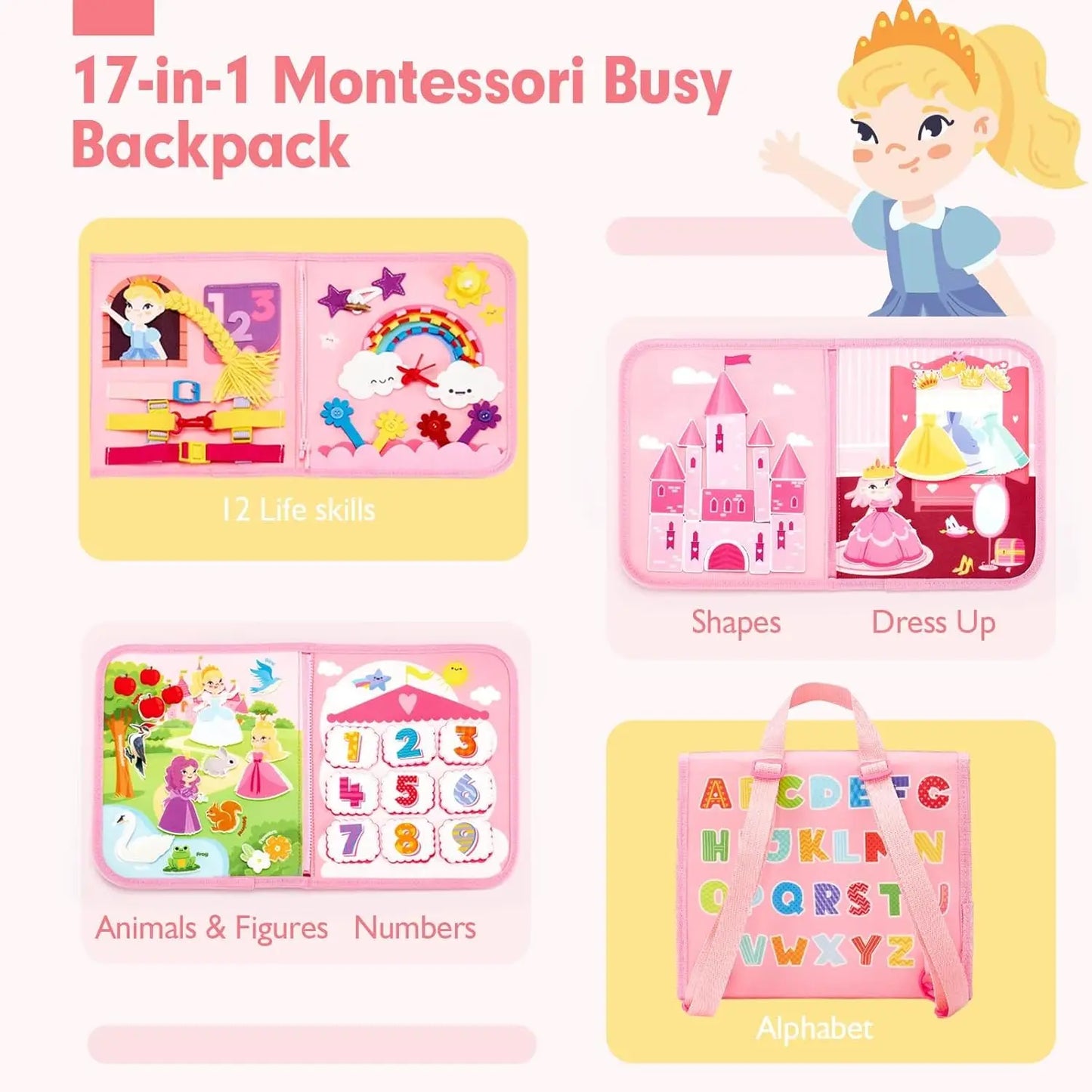 Toddler Montessori Busy Board – Dinosaur Dress-Up, Learning & Sensory Activities, Travel Toy & Life Skills Backpack