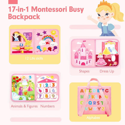 Toddler Montessori Busy Board – Dinosaur Dress-Up, Learning & Sensory Activities, Travel Toy & Life Skills Backpack