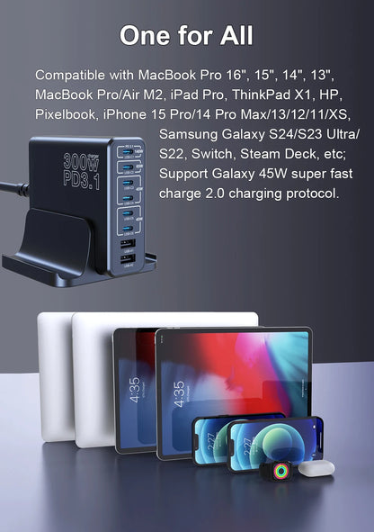 Ubigbuy 300W Multi-Port GaN Charger - USB-C 140W PD 3.1 & PPS 100W Charging Station for MacBook Pro M2, iPhone 15/14, Galaxy