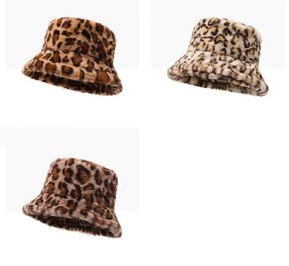 Women’s Winter Leopard Print Fisherman Hat – Versatile Plush Bucket Hat, Warm Pot-Style Headwear