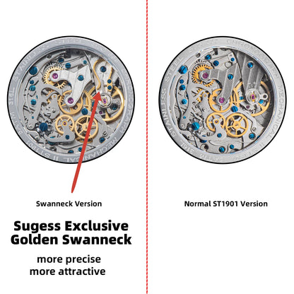 Sugess Pilot Men’s Chronograph Watch — Original ST1901 Mechanical Movement, Sapphire Crystal, Waterproof Racing Strap