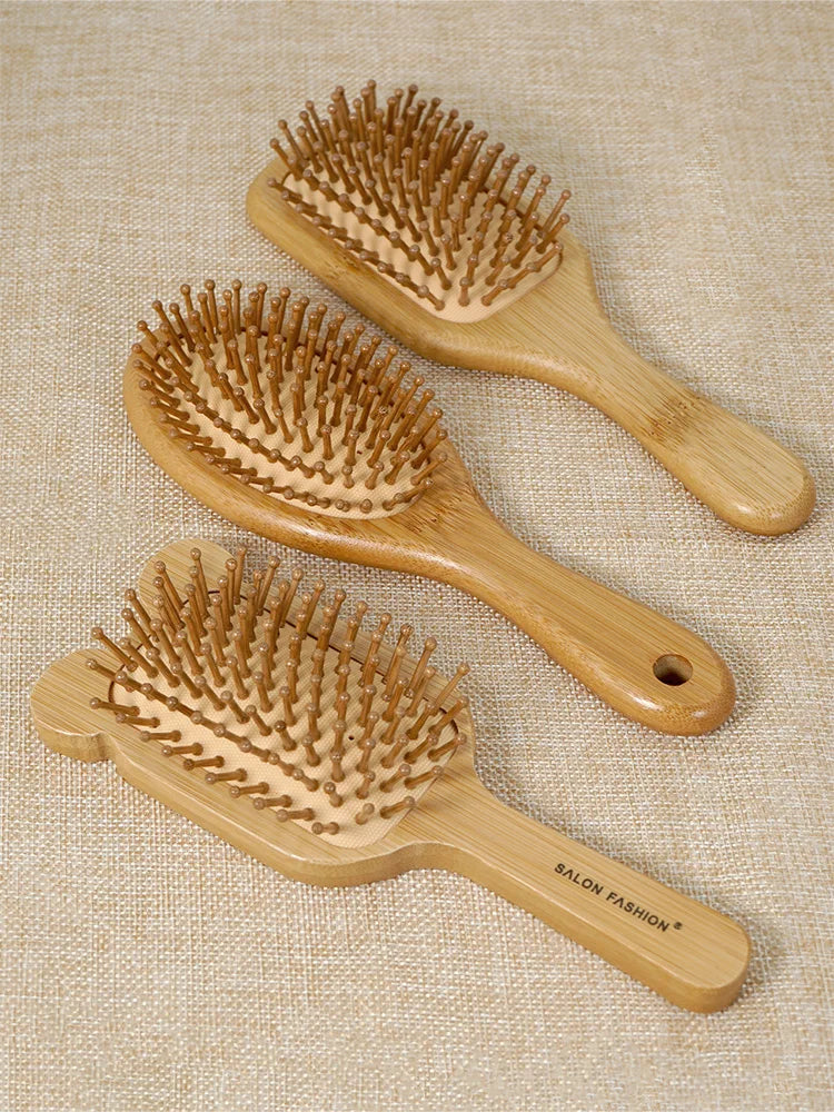 Bamboo Hair Brush with Wide Teeth & Air Bag - Smooth Scalp Massage Comb for Women Hairdressing Styling Tools