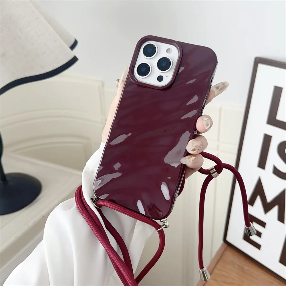 Glossy Wave Ripple Crossbody Lanyard Phone Case for iPhone 17/16/15 Pro Max Air 14 13 12 11 XR X 8 7 - Soft Silicone Protective Cover with Strap
