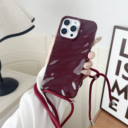 Glossy Wave Ripple Crossbody Lanyard Phone Case for iPhone 17/16/15 Pro Max Air 14 13 12 11 XR X 8 7 - Soft Silicone Protective Cover with Strap