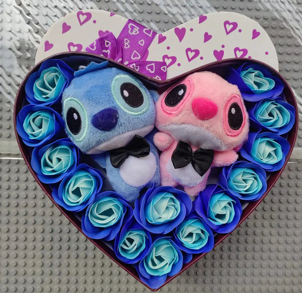 Disney Lilo & Stitch Plush Doll with Rose Bouquet – Gift Box & Flower Arrangement for Valentine’s & Christmas