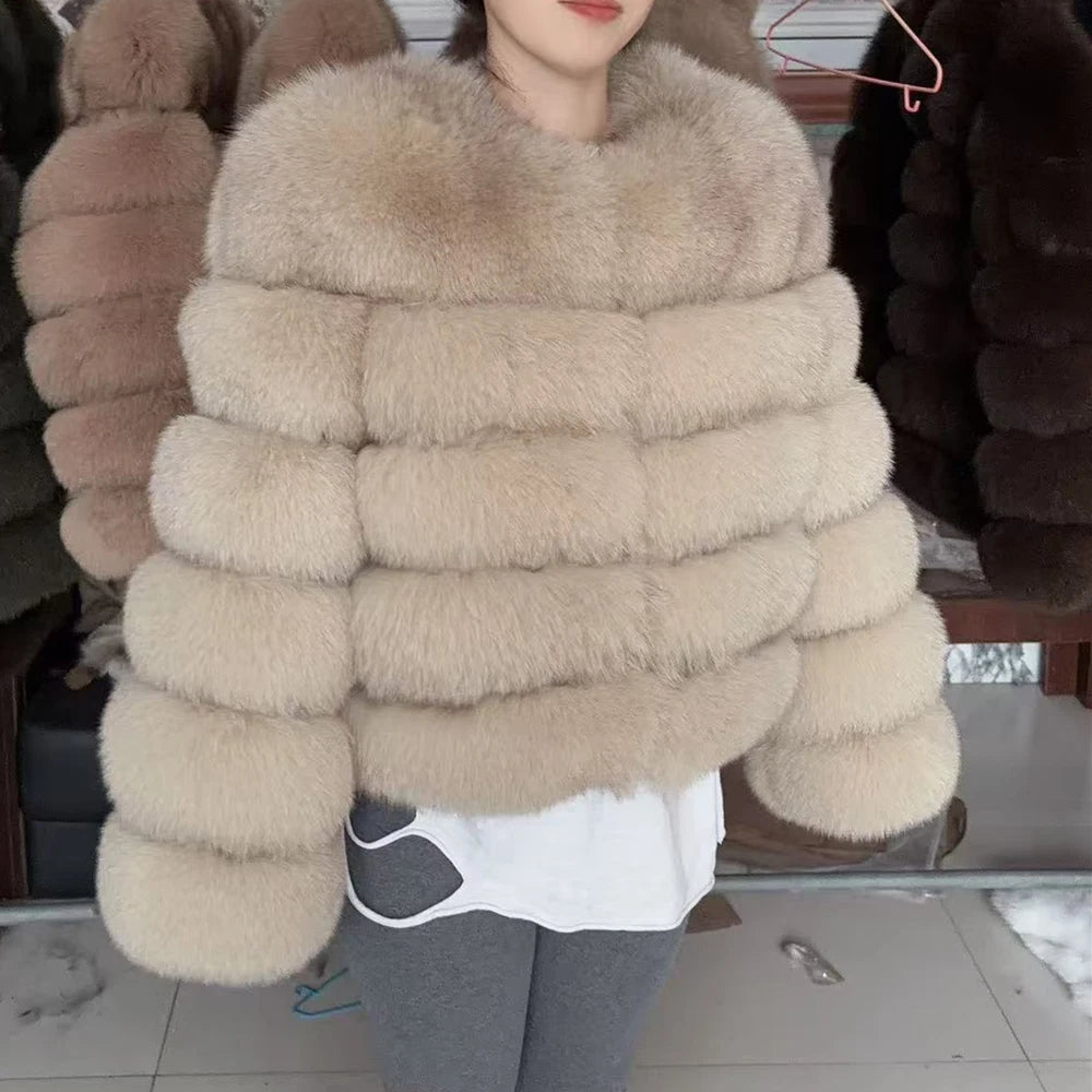 QUEENTINA Women’s Real Fox Fur Coat – Brown Leather & Skin Winter Fashion Outerwear 2025