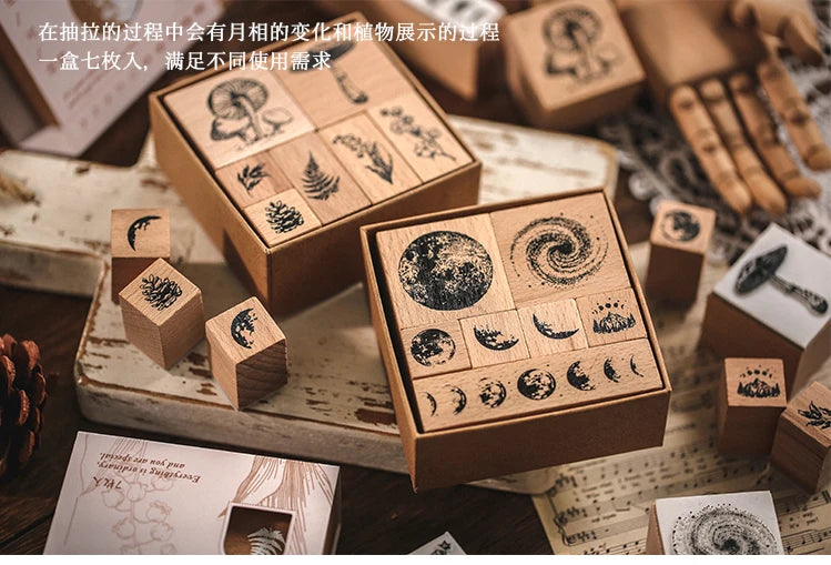 Yoofun 7-Piece Vintage Moon & Plant Wooden Stamps — Rubber Stamps for Scrapbooking, DIY Craft & Stationery