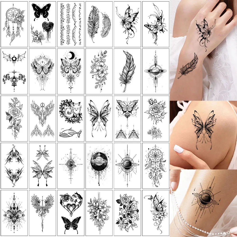 30pcs Black Temporary Tattoo Stickers - Flower Butterfly Rose Moon Star Mandala Designs for Hand, Chest & Body Art