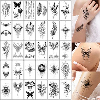 30pcs Black Temporary Tattoo Stickers - Flower Butterfly Rose Moon Star Mandala Designs for Hand, Chest & Body Art