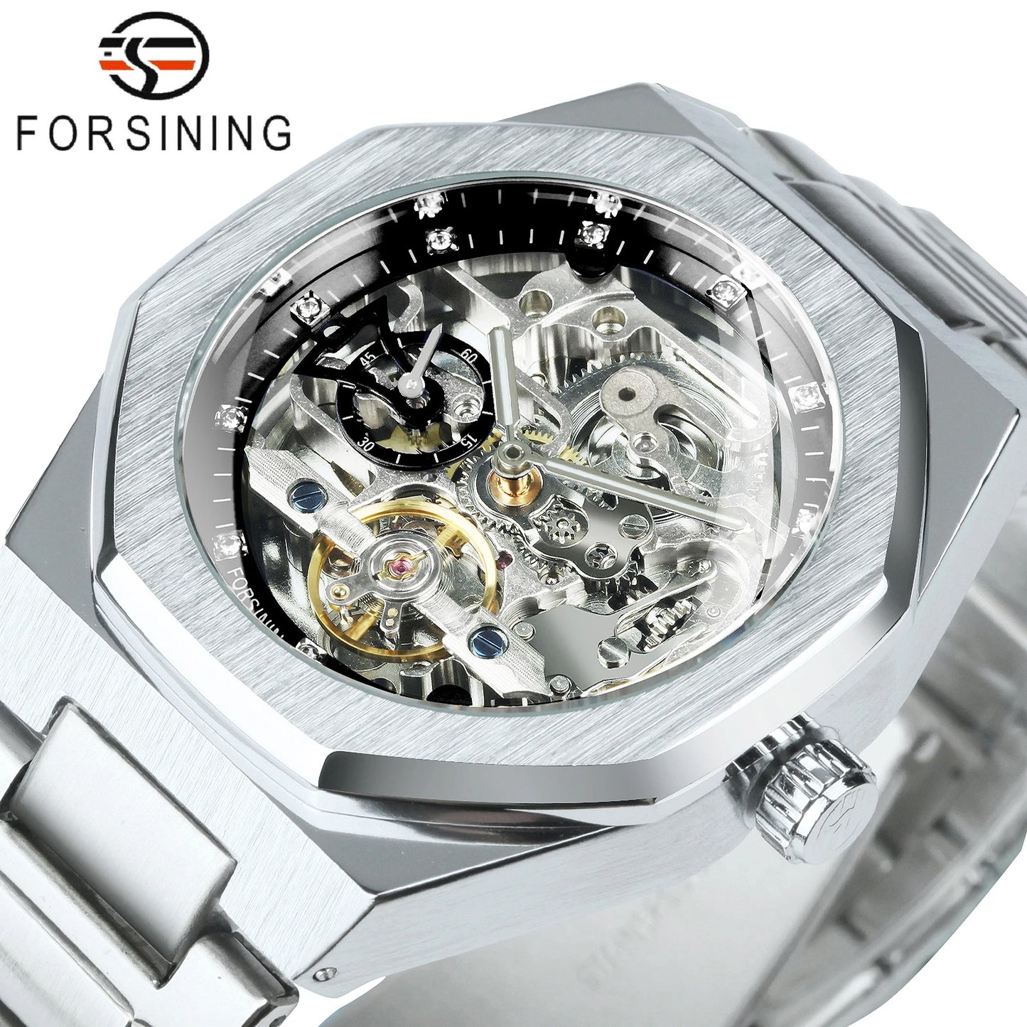 Forsining Men’s Automatic Mechanical Watch – Luminous Hands, Stainless Steel Strap, Luxury Skeleton Fashion Watch