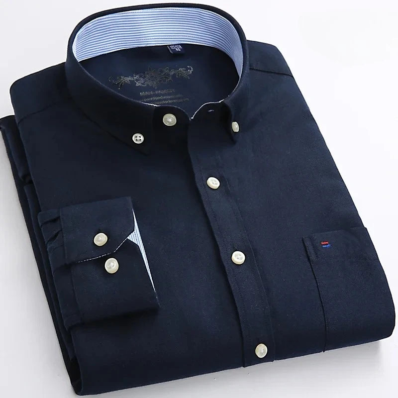 Men’s Cotton Oxford Shirt - Smart Casual Long Sleeve Plaid Print Dress Shirt, Regular Fit up to 6XL