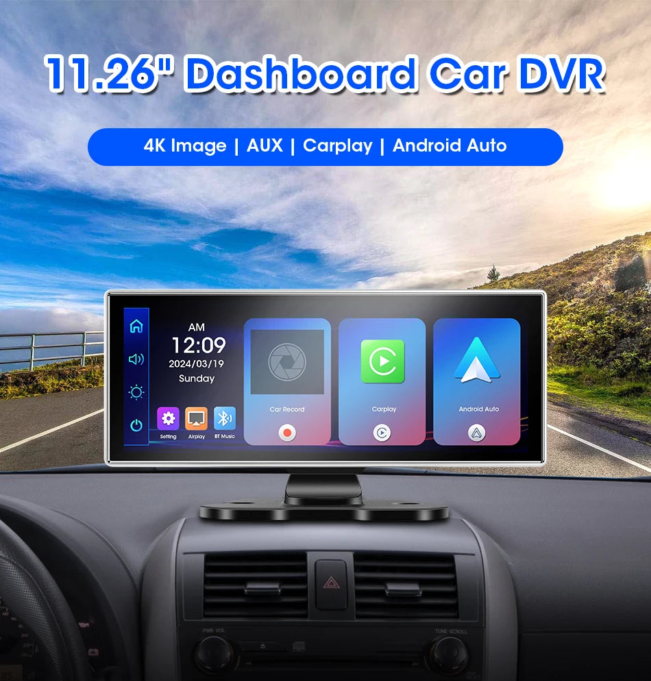 11.26-inch 4K Car DVR Dash Cam – Dual Lens Wireless CarPlay & Android Auto, GPS Navigation, 5G WiFi, FM, AUX Video Recorder Monitor