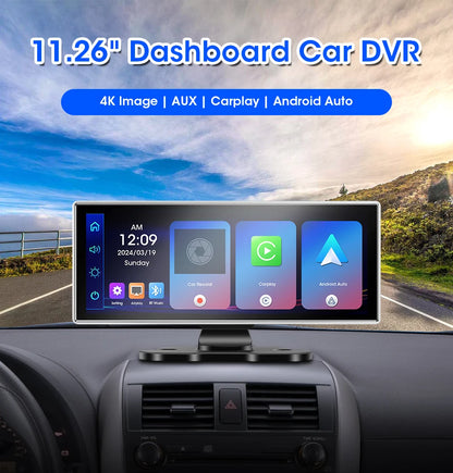 11.26-inch 4K Car DVR Dash Cam – Dual Lens Wireless CarPlay & Android Auto, GPS Navigation, 5G WiFi, FM, AUX Video Recorder Monitor