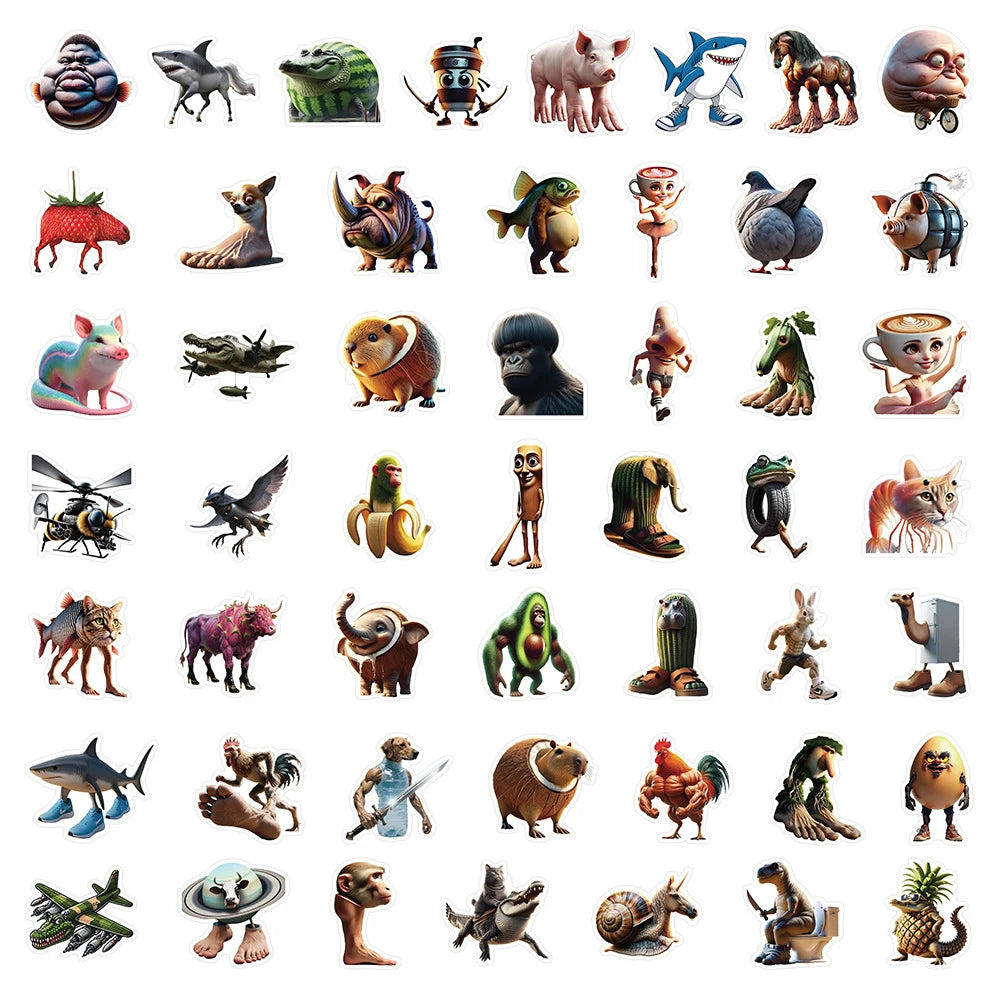 50Pcs Abstract Animal Stickers - Cartoon DIY Decals for Luggage, Phone, Cups, Guitar and More