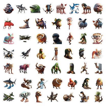 50Pcs Abstract Animal Stickers - Cartoon DIY Decals for Luggage, Phone, Cups, Guitar and More