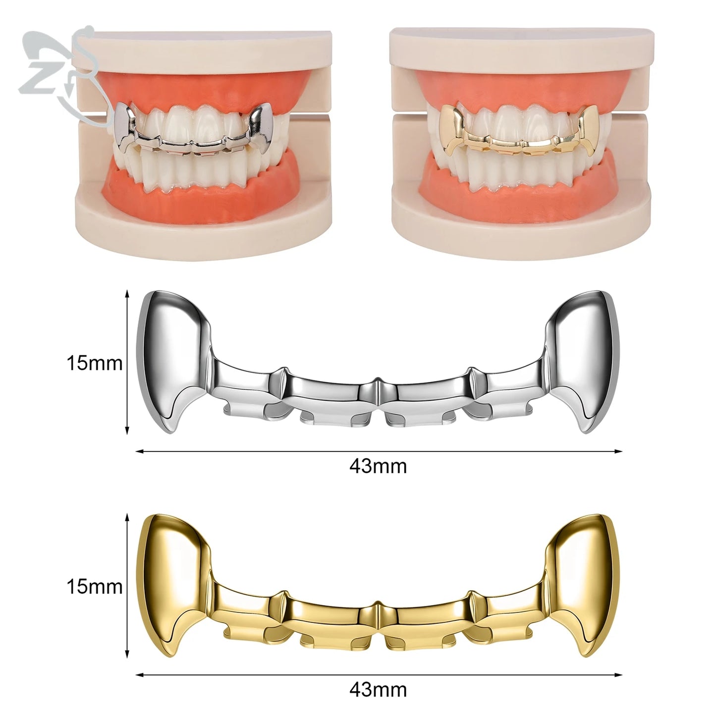 ZS Hip Hop Grillz – Silver/Gold Plated CZ Crystal Cross & Rose Star Tooth Cap, Top & Bottom Set