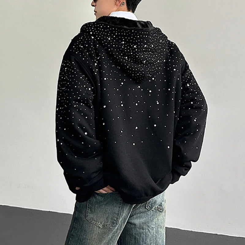 Men’s Faux Fur Patchwork Hoodie - Diamond Design Zip-Up Sweater with Loose Fit