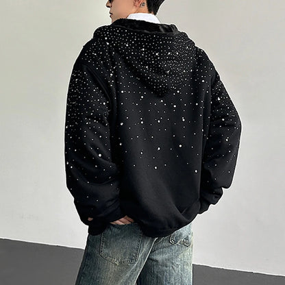 Men’s Faux Fur Patchwork Hoodie - Diamond Design Zip-Up Sweater with Loose Fit