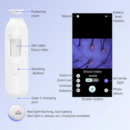 50X–200X Hair Follicle & Scalp Analyzer Microscope – High Definition Skin Detector with App Support Wireless Skin Testing Tool