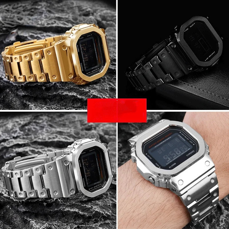 Gold and Black Stainless Steel Bezel and Strap Set for Casio G-Shock DW-5600, GW-B5600 & GW-M5610 - Metal Watch Case Modification Kit