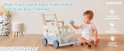 Robotime Robud Wooden Baby Walker – Push-Along Activity Walker with Wheels, Multifunctional Toddler Toy Gift for Boys & Girls