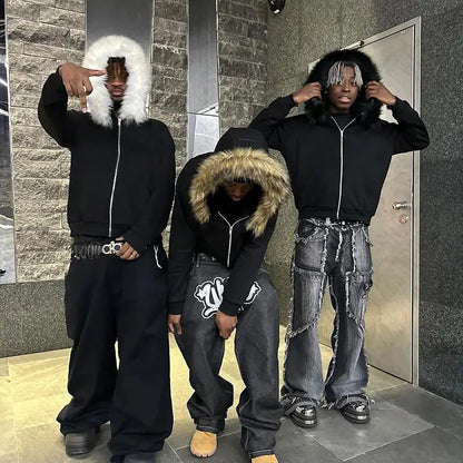 Y2K Zip-Up Hoodie with Faux Fur Collar – Harajuku Rock Goth Retro Punk Loose Jacket for Hip Hop Streetwear