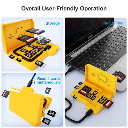 BUDI SD Memory Card Reader – 4 Cards Simultaneous Read/Write with 15-Slot Storage Case, Type-C Compatible Multi Card Organizer