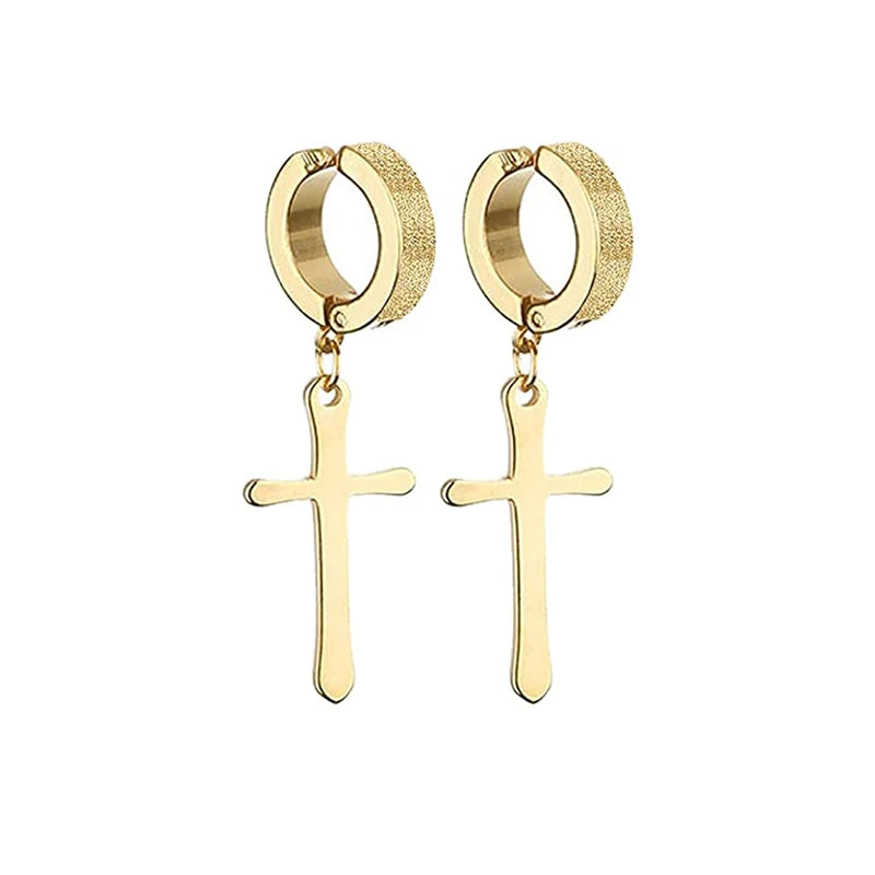 Gold Cross Huggie Hoop Earrings - Minimalist Dangle Charm Jewelry for Men & Women