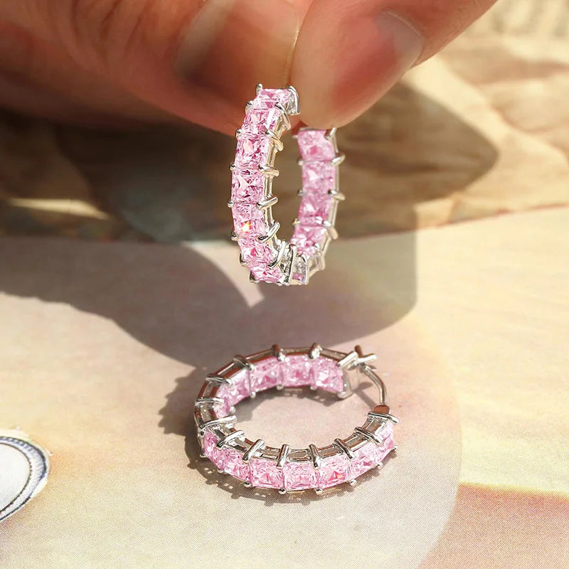 Huitan Princess Square Cubic Zirconia Hoop Earrings – Luxury Trendy Fashion Jewelry for Women