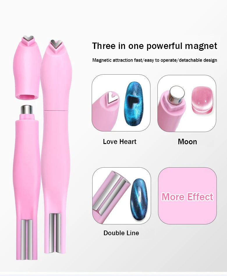 3D Love Heart Nail Magnet Stick – 3-in-1 Cat Eye, Double Line, Moon & Snake Pattern UV Gel Manicure Tool