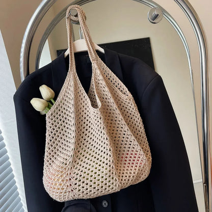 Fashion Women’s Hollow Woven Shoulder Bag – Large Capacity Crochet Tote, Solid Knitting Mesh Handbag for Summer & Beach