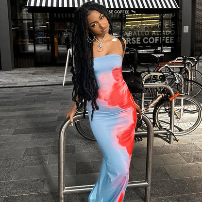 Women’s Elegant Printed Maxi Dress - Sleeveless Backless Strapless Bodycon Summer Beach Holiday Gown