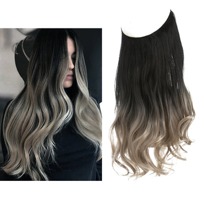 Synthetic Ombre Hair Extension - One Piece Invisible Wire Long Wavy Clipless False Hairpiece Black Blonde Pink
