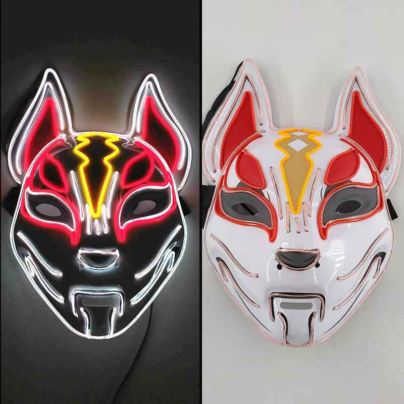 Glowing LED Fox Mask – Neon Japanese Anime-Inspired Samurai Cosplay Mask for Halloween, Christmas & Costume Parties