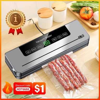 Electric Vacuum Sealer Machine for Food Storage, Touch Button Dry & Wet Mode, Built-in Cutter, Kitchen Vacuum Packaging System