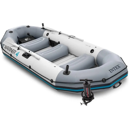 4-Person Inflatable Boat Set – Includes Aluminum Oars & High Output Air Pump for Fishing and Boating in Rivers & Lakes