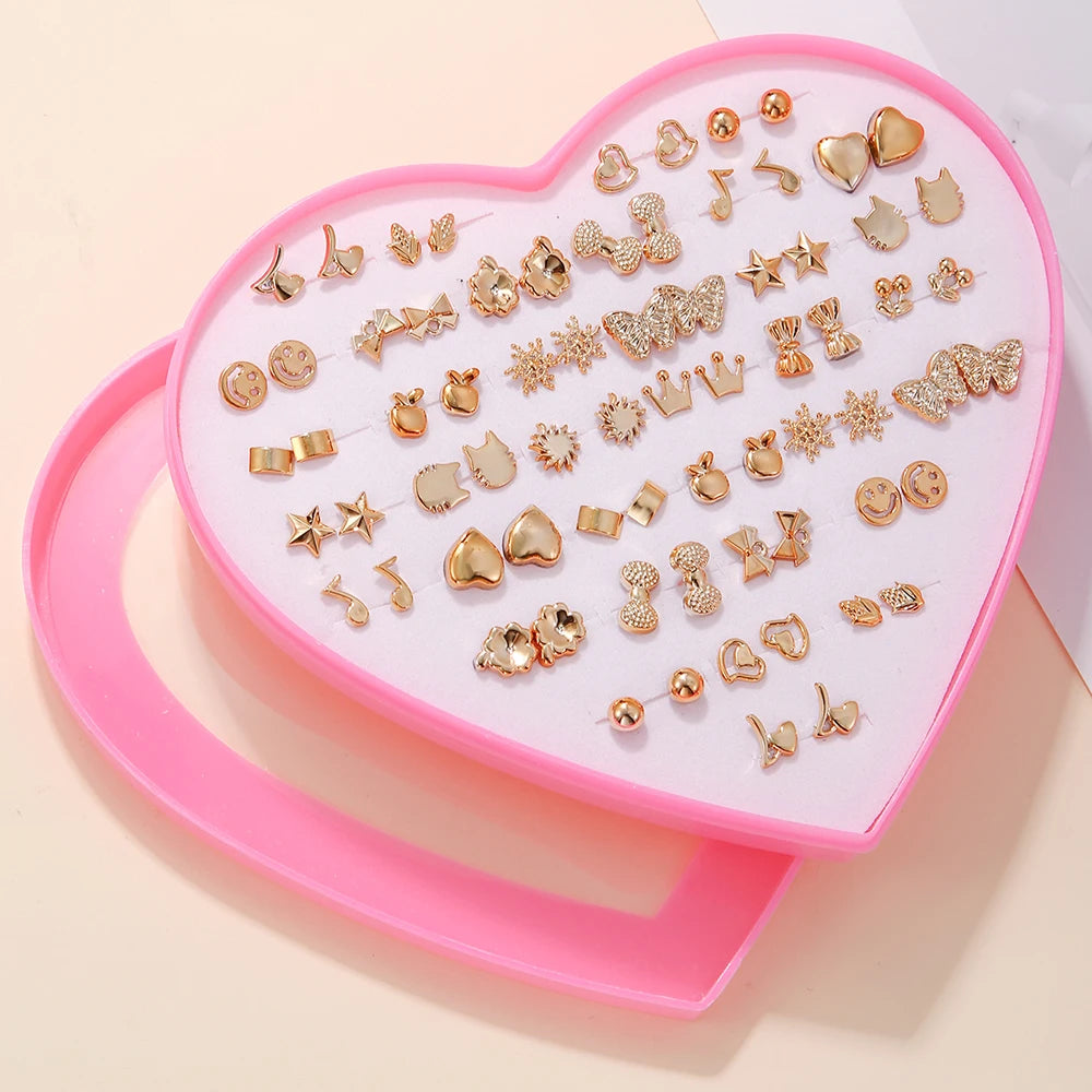 36 Pairs Mini Stud Earrings – Cute Snowflakes, Cat, Butterfly Designs for Girls, Fashion Daily Ear Jewelry