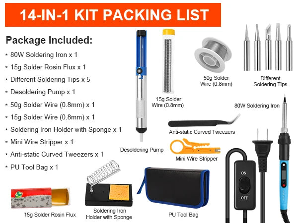 80W LCD Digital Soldering Iron Kit — Adjustable Temperature Electronics Repair Tool with Switch & Solder Tips