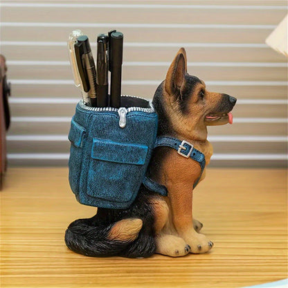 Creative Dog Desk Pencil Holder – Resin German Shepherd Pen Storage Sculpture, Office Desk Ornament & Utensil Rack
