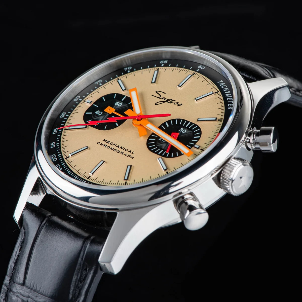 Sugess Pilot Men’s Chronograph Watch — Original ST1901 Mechanical Movement, Sapphire Crystal, Waterproof Racing Strap