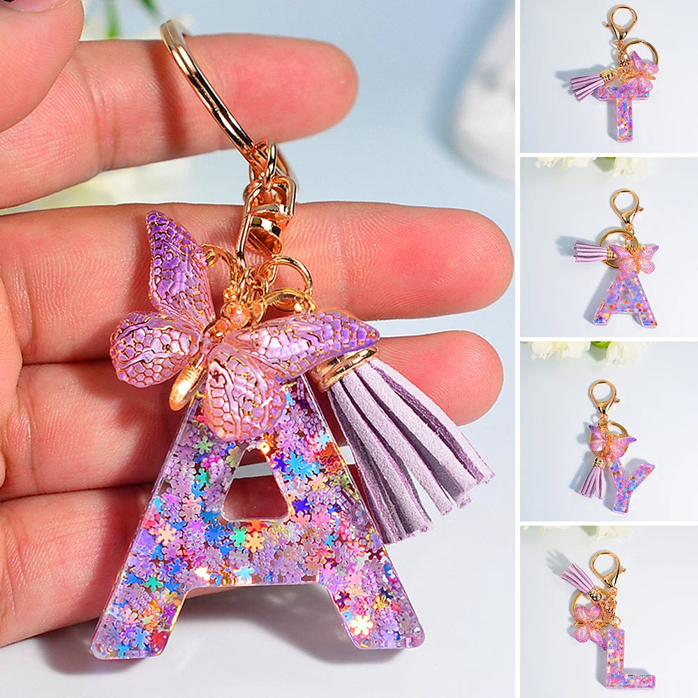 A-Z Sequin Initial Keychain - Dreamy Butterfly Tassel Pendant Bag & Purse Charm for Women
