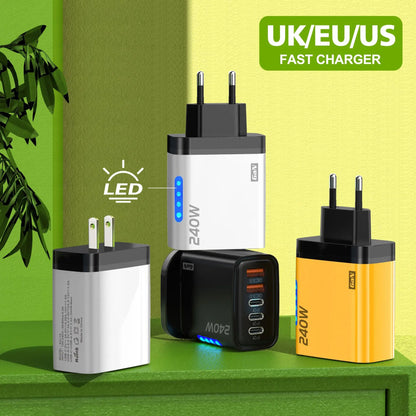 240W 5-in-1 GaN Fast Desktop Charger – USB-C Quick Charge 3.0 Adapter for iPhone Samsung Huawei