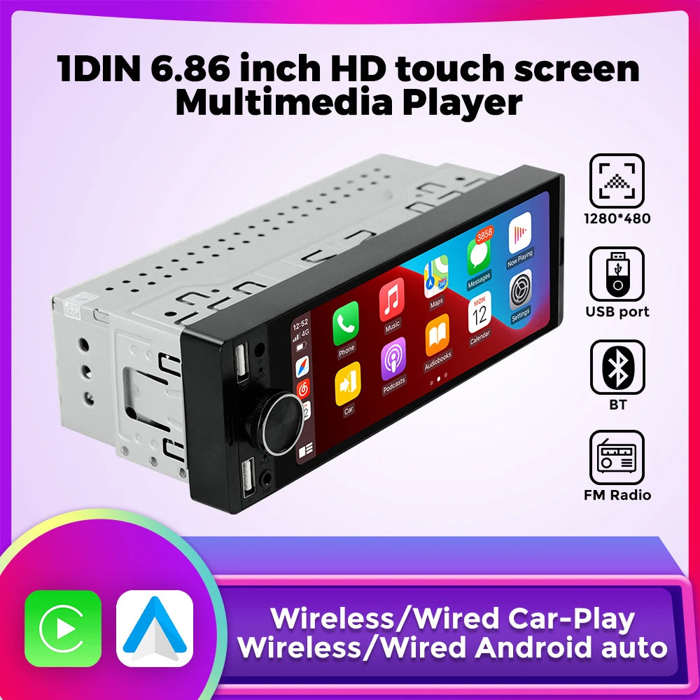 1DIN Universal 6.86" MP5 Car Radio – Wireless CarPlay Android Auto Multimedia Video Player with AUX, USB, SWC, Bluetooth & Touchscreen