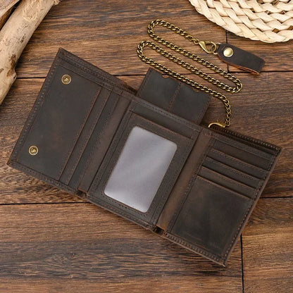 Men’s Genuine Leather Short Wallet with Chain – Trifold Zipper Clutch, Card Holder & Coin Purse