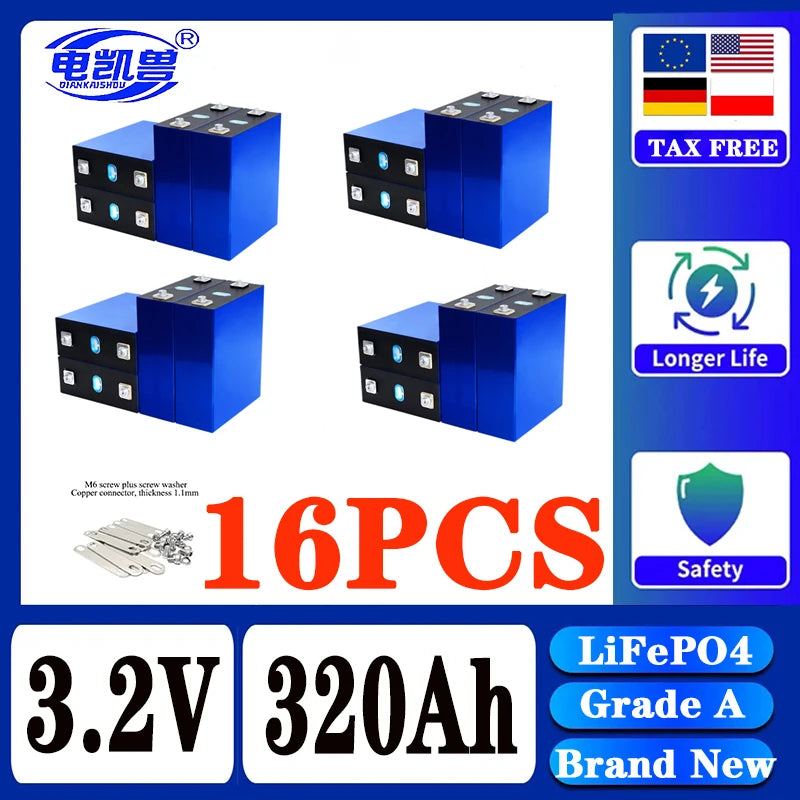 320Ah LiFePO4 3.2V Rechargeable Battery — 8000 Cycles for DIY 12V/24V/48V Caravan, Marine & Solar Energy Systems