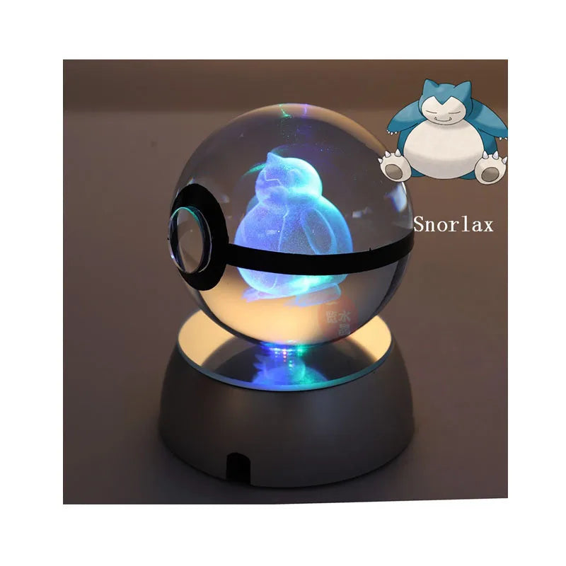 Anime Pokemon 3D Crystal Ball – Snorlax & Charizard Engraved Pokeball Figure with LED Light Base, Kids Gift
